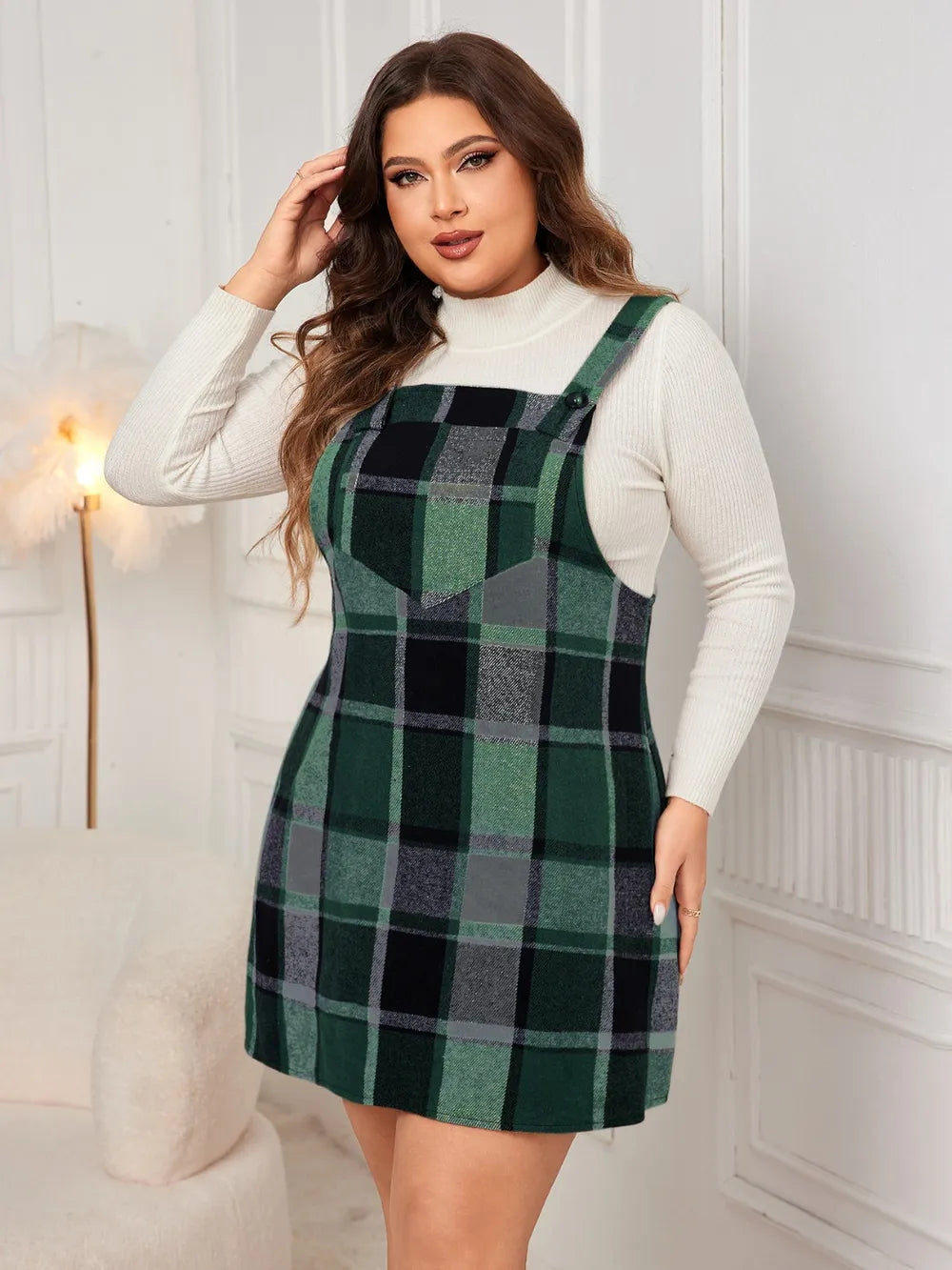 Honey Plus Size Plaid Wide Strap Overall Dress - LoveNest Treasures