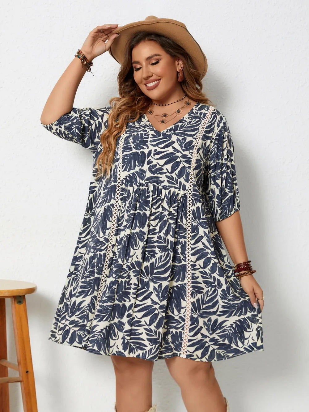 Plus Size Printed V-Neck Half Sleeve Mini Dress - LoveNest Treasures
