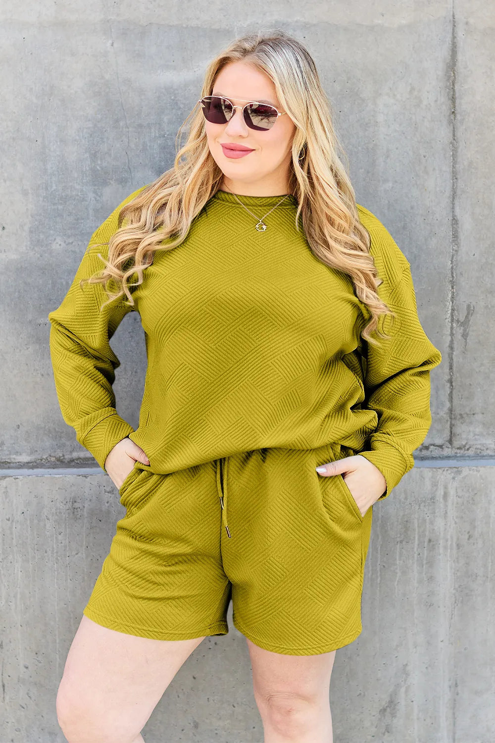 Double Take Full Size Texture Long Sleeve Top and Drawstring Shorts Set - LoveNest Treasures