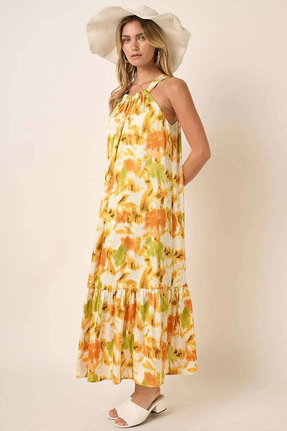 Mittoshop Watercolor Print Halter Neck Satin Maxi Dress - LoveNest Treasures