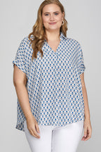 She + Sky Full Size Printed Johnny Collar Short Sleeve Blouse Plus Size - LoveNest Treasures
