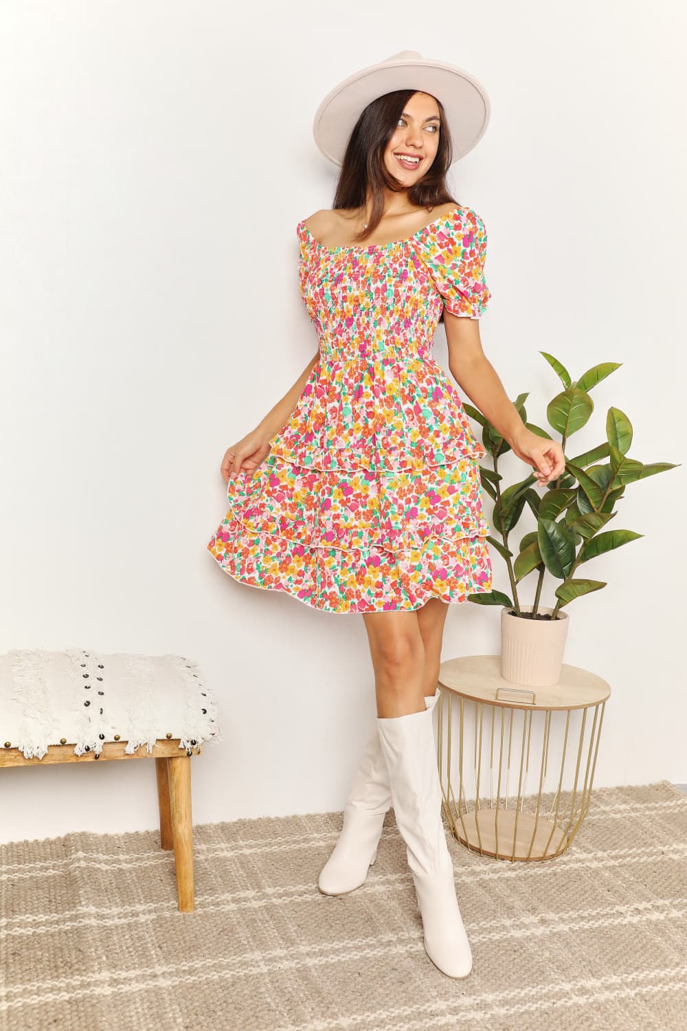 Devine Smocked Sweetheart Neck Flounce Sleeve Mini Dress - LoveNest Treasures