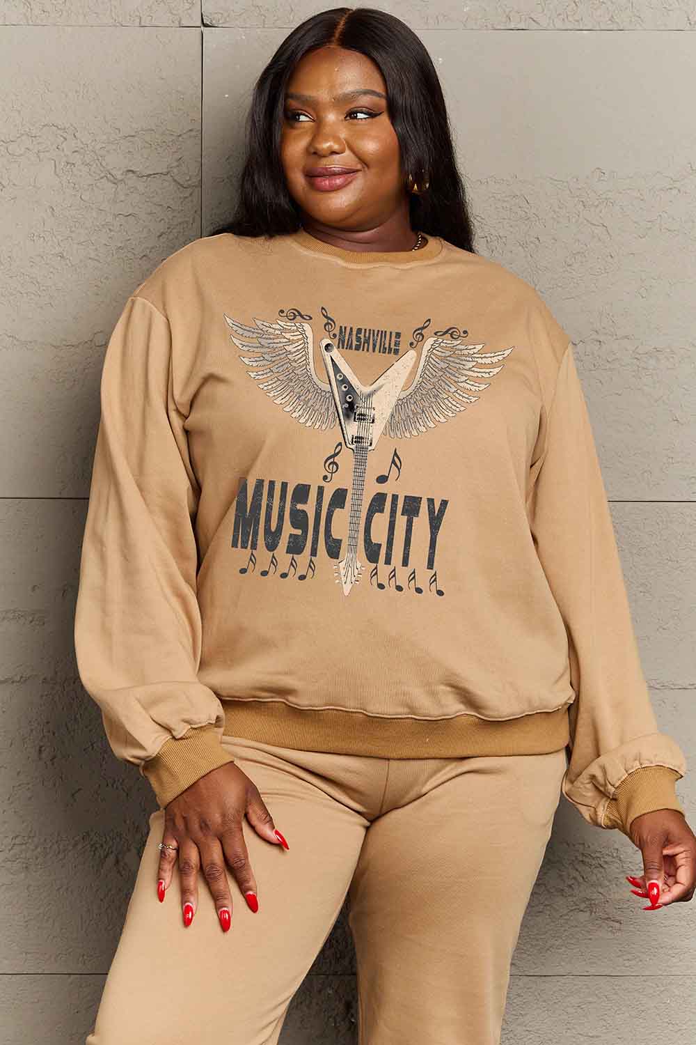 Simply Love Simply Love Full Size Round Neck Dropped Shoulder MUSIC CITY Graphic Sweatshirt - LoveNest Treasures