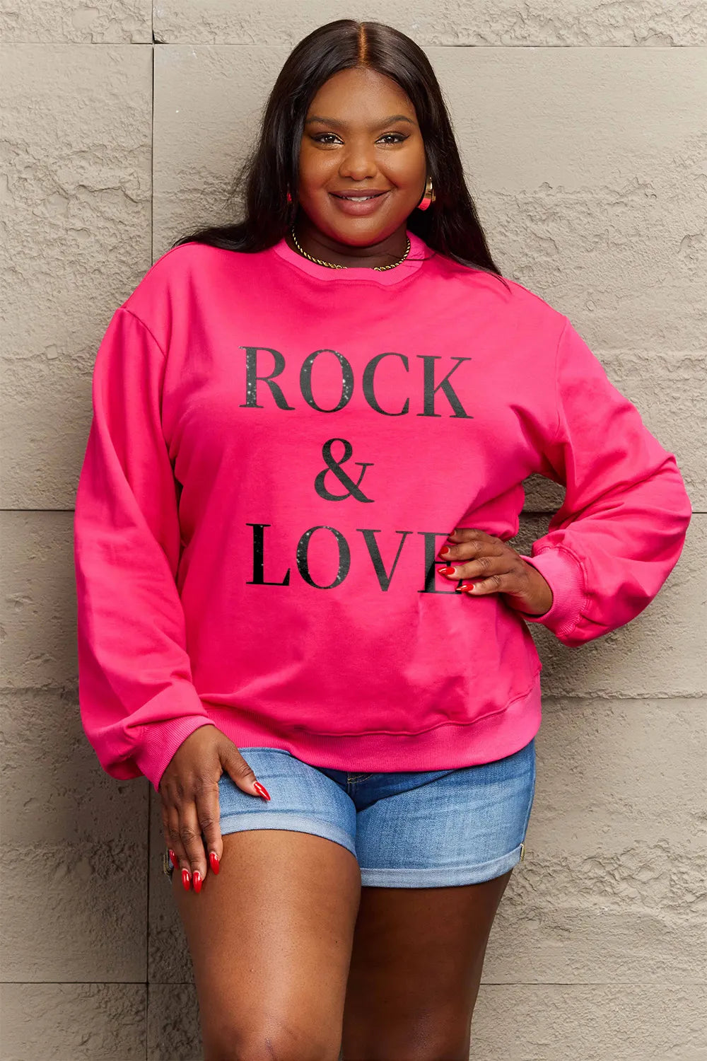 Simply Love Full Size ROCK ＆ LOVE Round Neck Sweatshirt - LoveNest Treasures