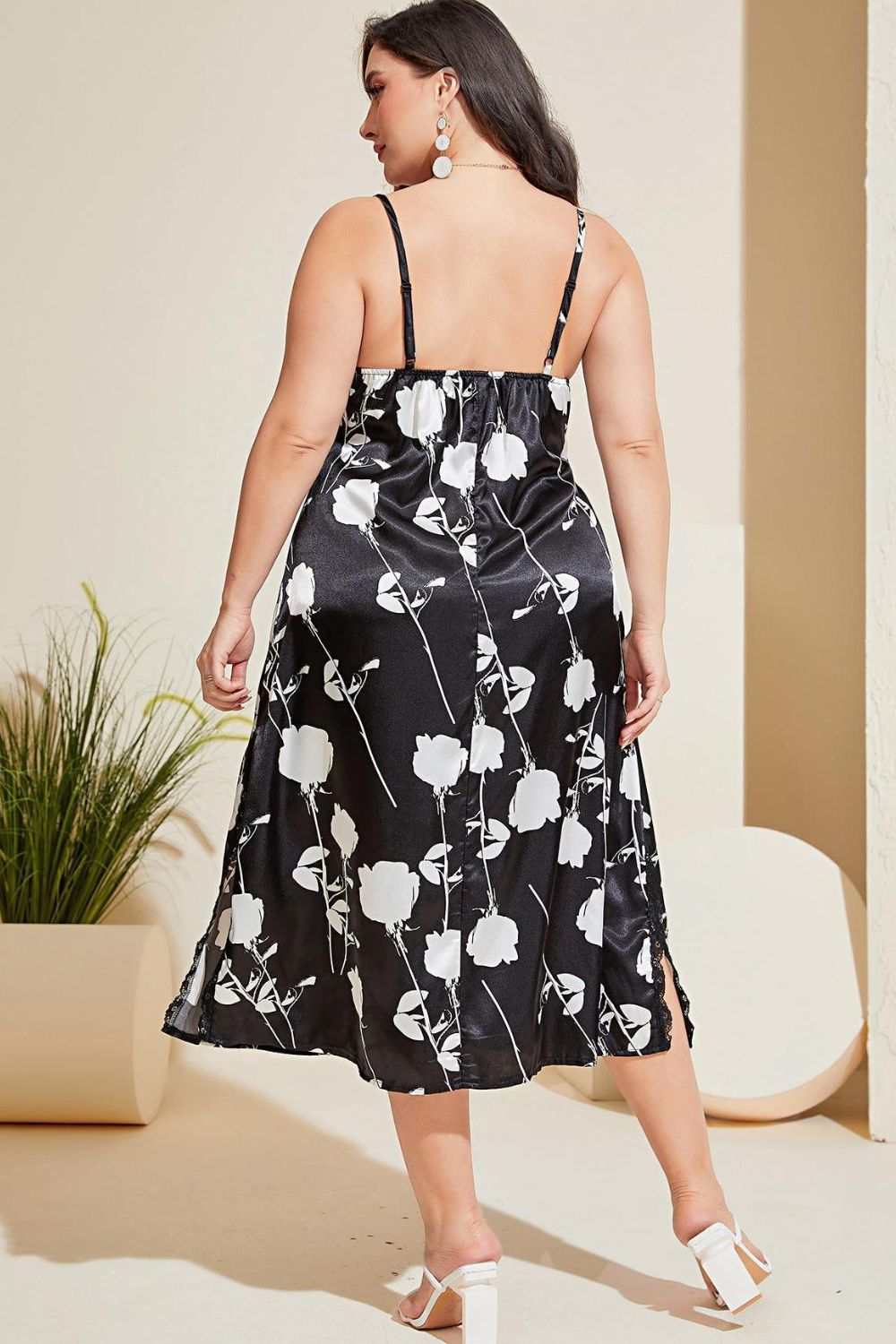 Plus Size Floral Lace Trim Side Slit Night Dress - LoveNest Treasures