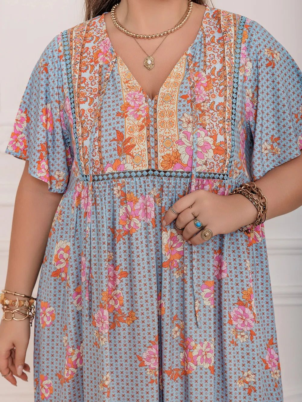 Plus Size Printed Tie Neck Flutter Sleeve Maxi Dress - LoveNest Treasures