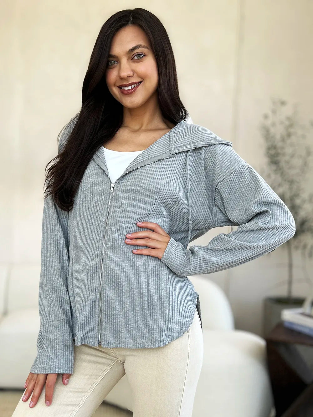 Culture Code Full Size Ribbed Zip Up Drawstring Hooded Jacket - LoveNest Treasures