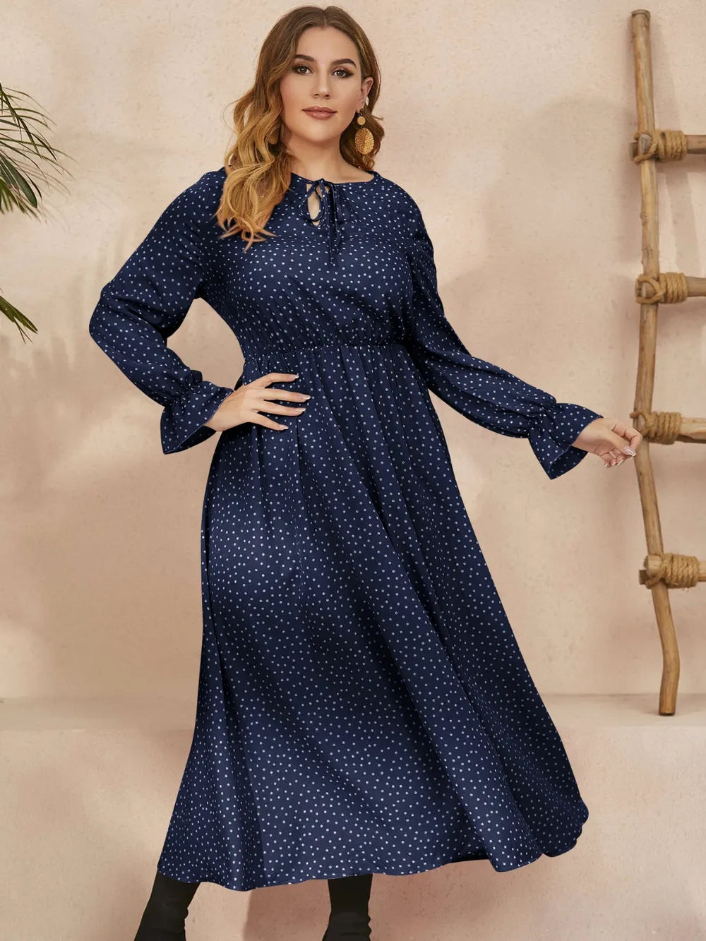 Honey Plus Size Ruffled Polka Dot Long Sleeve Midi Dress - LoveNest Treasures