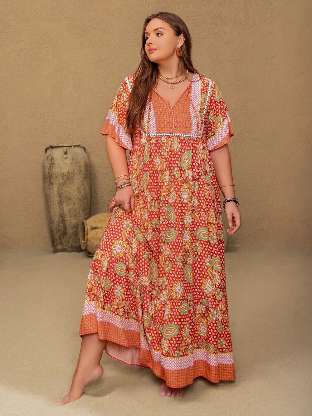 Plus Size Printed Tie Neck Flutter Sleeve Maxi Dress - LoveNest Treasures