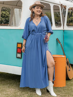 Plus Size Ruched Slit Three-Quarter Sleeve Midi Dress - LoveNest Treasures