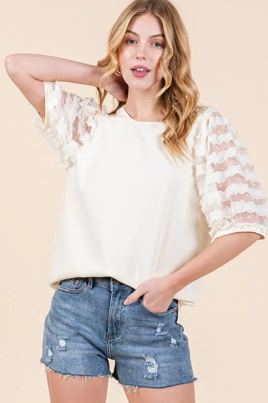 Lime 'N' Chili Full Size Lace Puff Sleeve Round Neck Top Plus Size - LoveNest Treasures