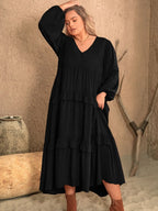 Plus Size Ruffled V-Neck Long Sleeve Dress - LoveNest Treasures