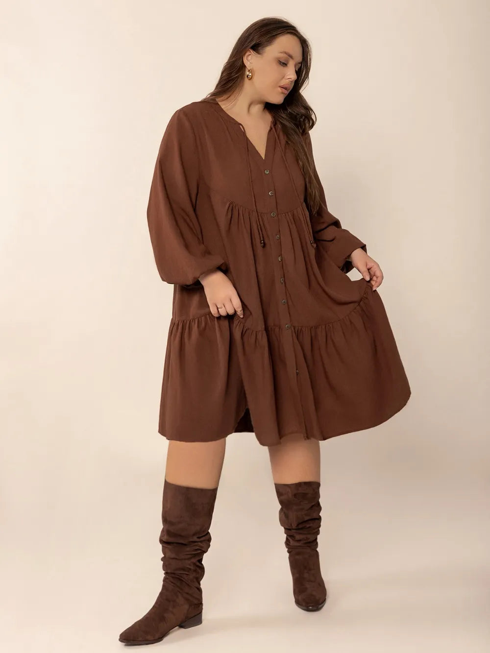 Plus Size Tie Neck Balloon Sleeve Tiered Dress - LoveNest Treasures