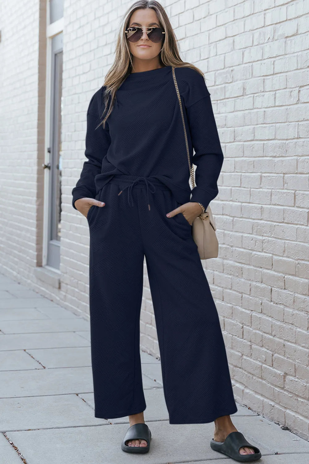 Double Take Full Size Textured Long Sleeve Top and Drawstring Pants Set - LoveNest Treasures
