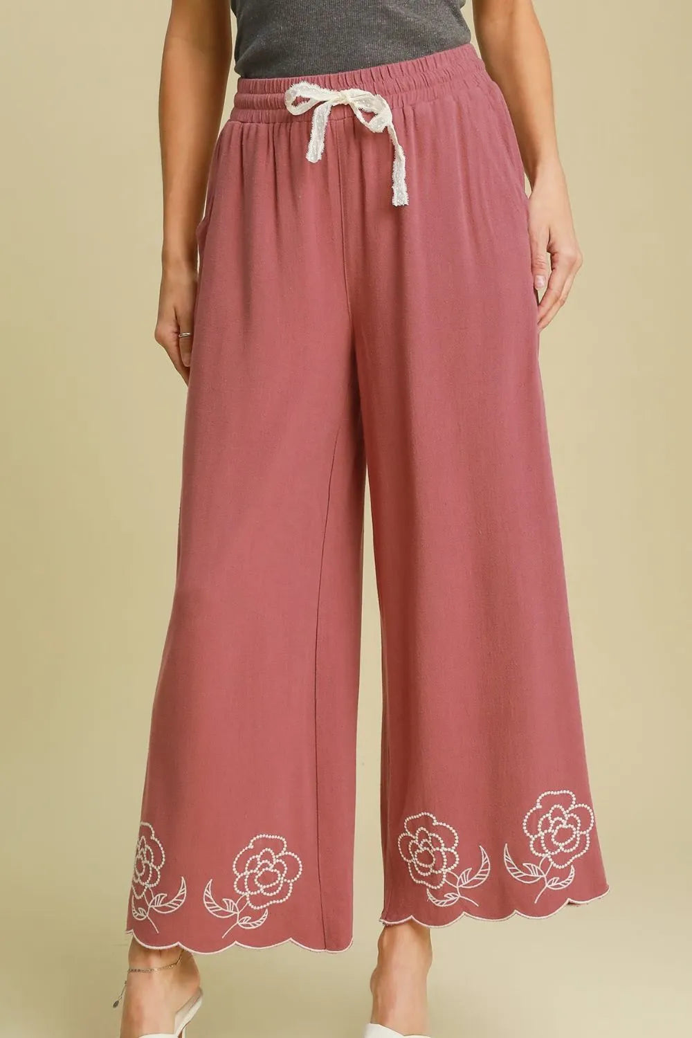 Umgee Full Size Linen Blend Wide Leg Pants with Scalloped Hemline Plus Size - LoveNest Treasures