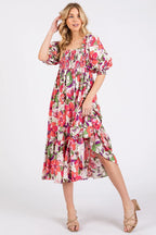 Mittoshop Flower Print Puff Sleeve Ruffle Smocked Midi Dress - LoveNest Treasures