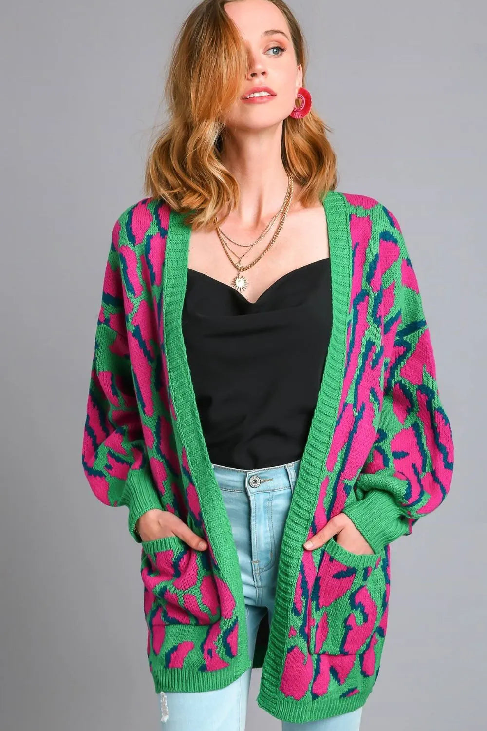 Umgee Full Size Animal Print Open Front Cardigan with Side Pockets Plus Size - LoveNest Treasures