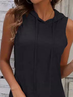 Full Size Drawstring Casual Sleeveless Hooded Mini Dress Plus Size - LoveNest Treasures