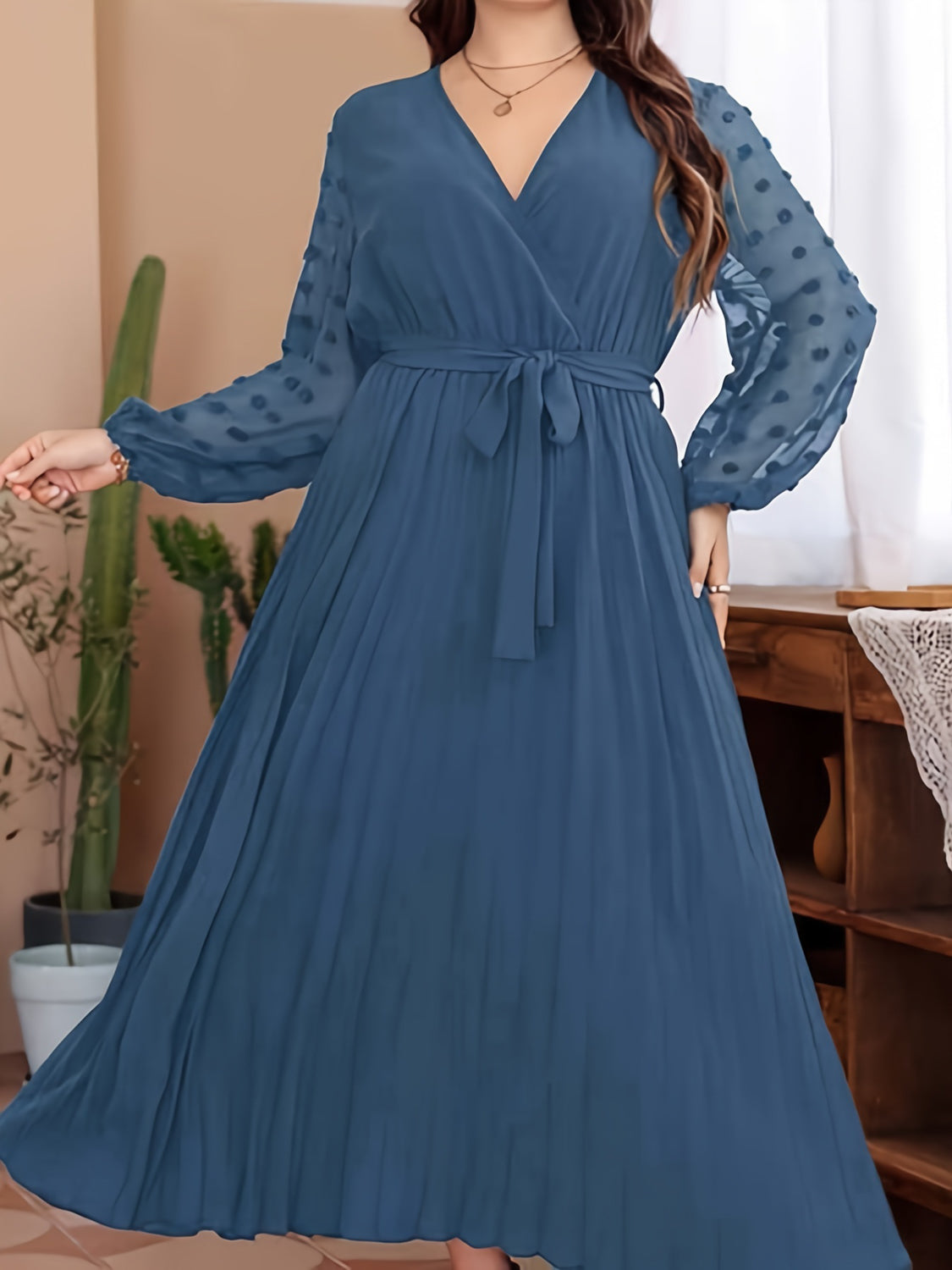 Plus Size Swiss Dot Tie Waist Maxi Dress - LoveNest Treasures
