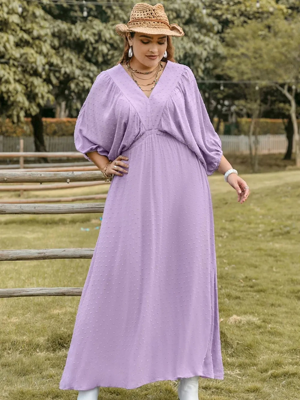 Plus Size Swiss Dot V-Neck Midi Dress - LoveNest Treasures
