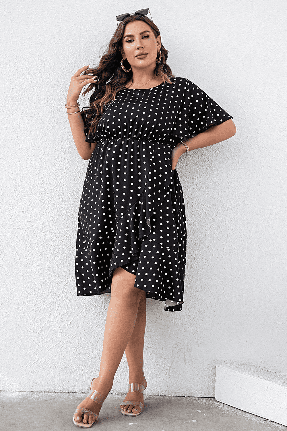 Plus Size Polka Dot Flutter Sleeve Dress - LoveNest Treasures