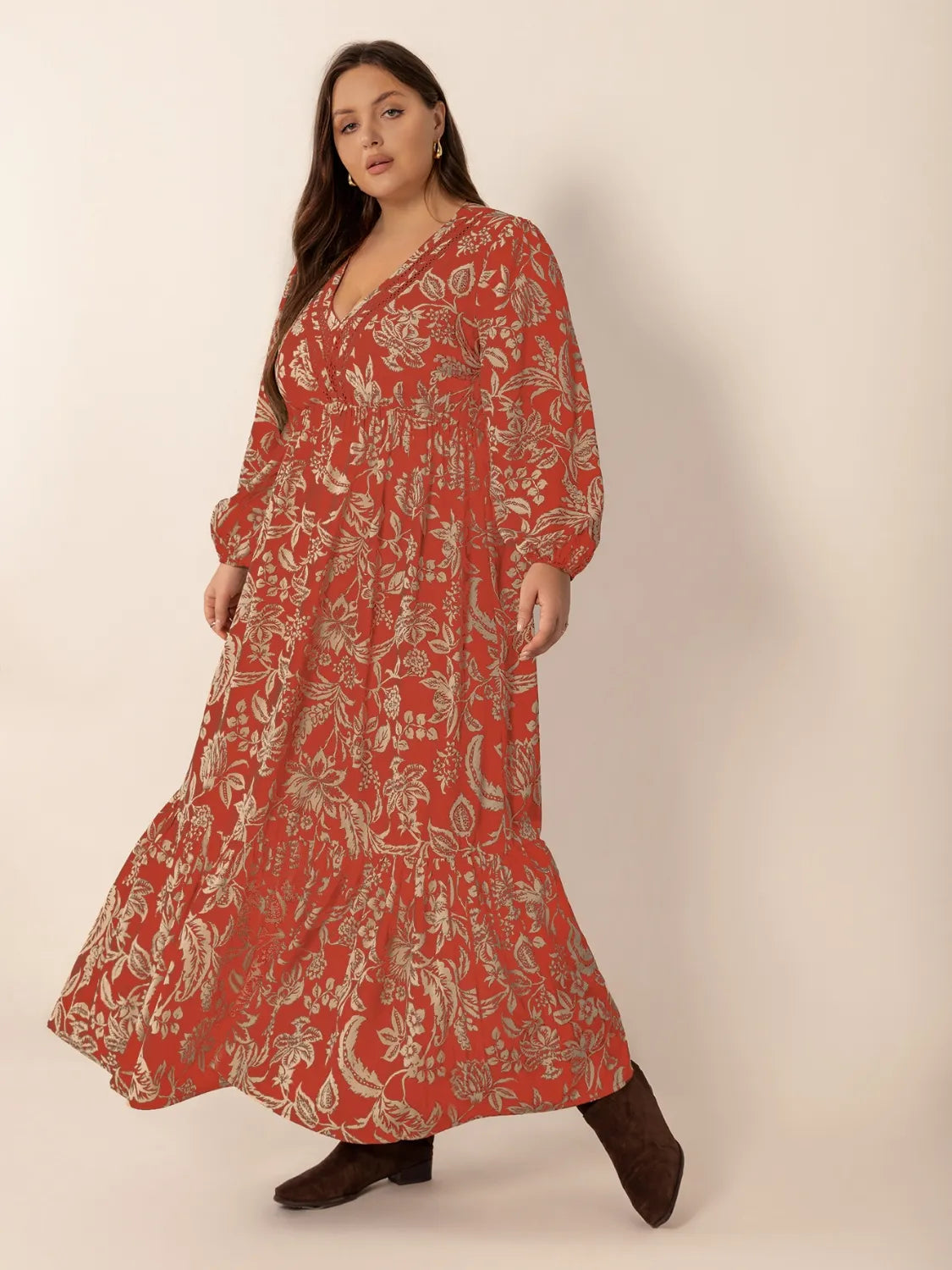 Plus Size Lace Detail Printed Balloon Sleeve Midi Dress - LoveNest Treasures