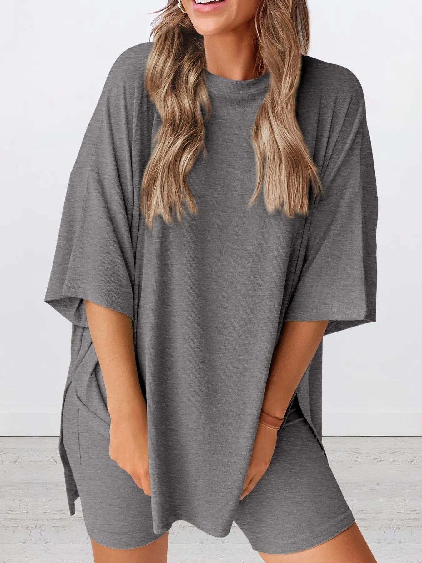 Full Size Oversized Round Neck Top and Shorts Set Plus Size - LoveNest Treasures