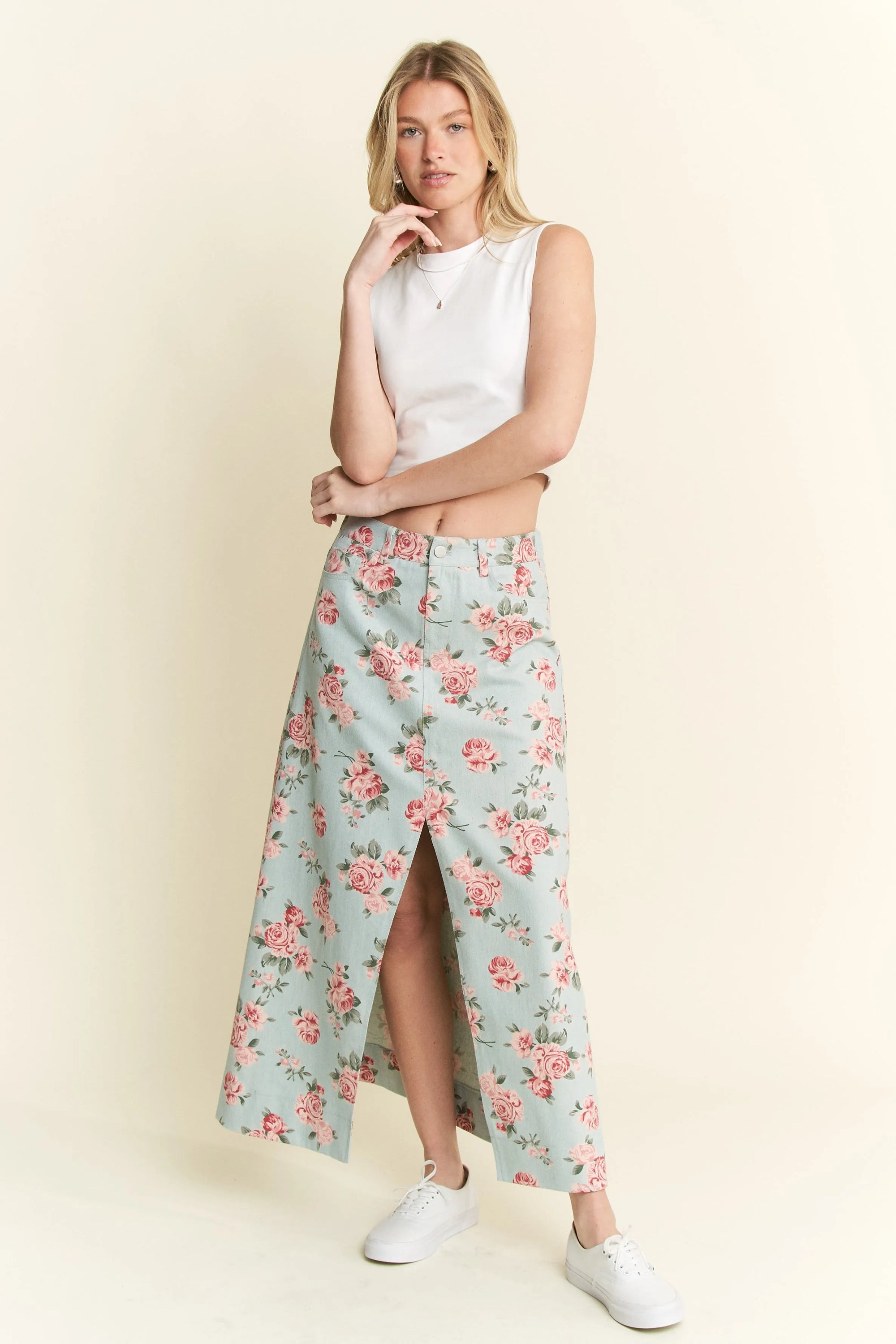 Jade By Jane Full Size Floral Print Front Slit Denim Maxi Skirt Plus Size - LoveNest Treasures