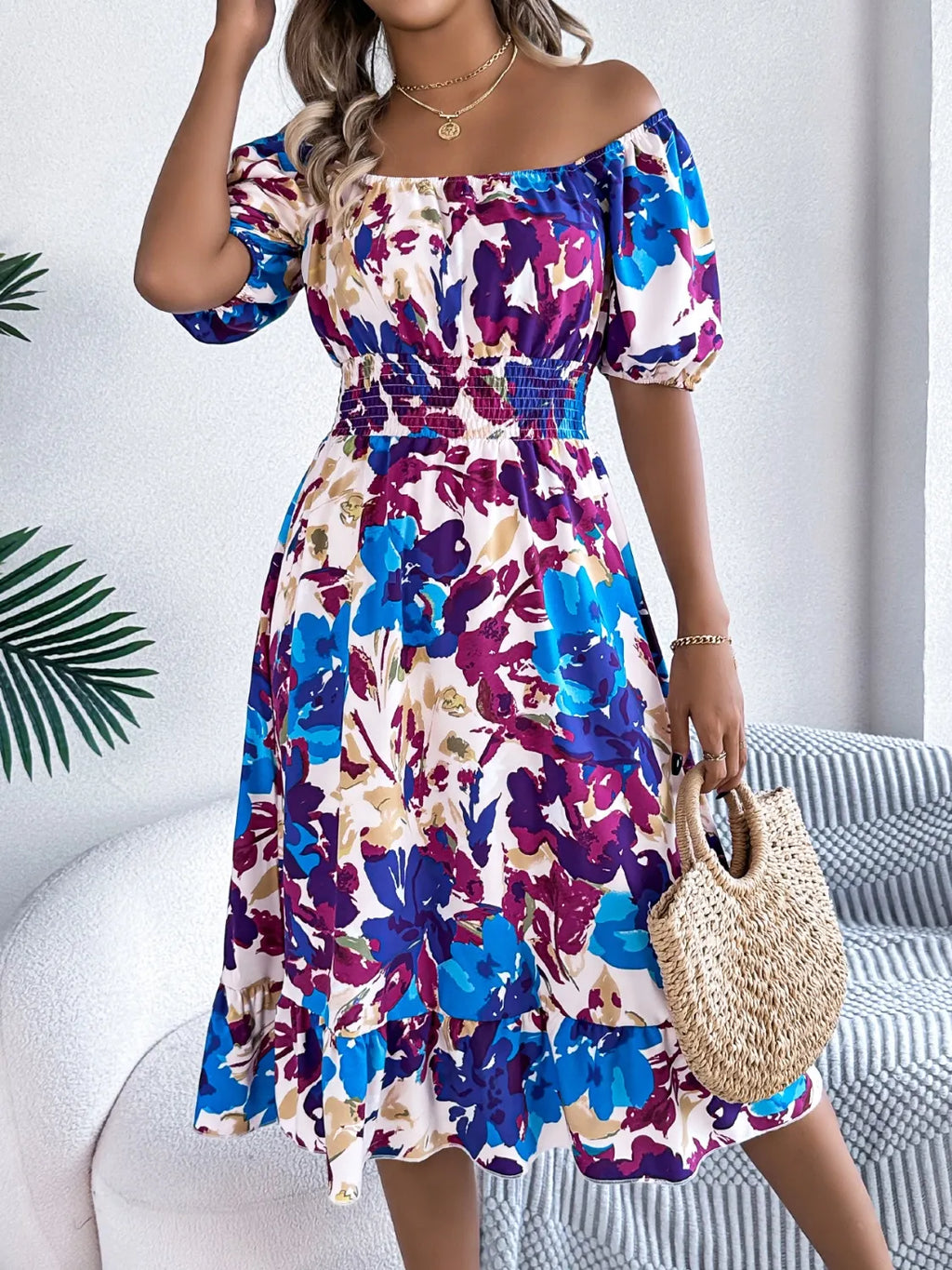 Ruffled Hem Smocked Floral Short Sleeve Midi Dress - LoveNest Treasures