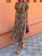 Printed Plunge Short Sleeve Midi Dress - LoveNest Treasures