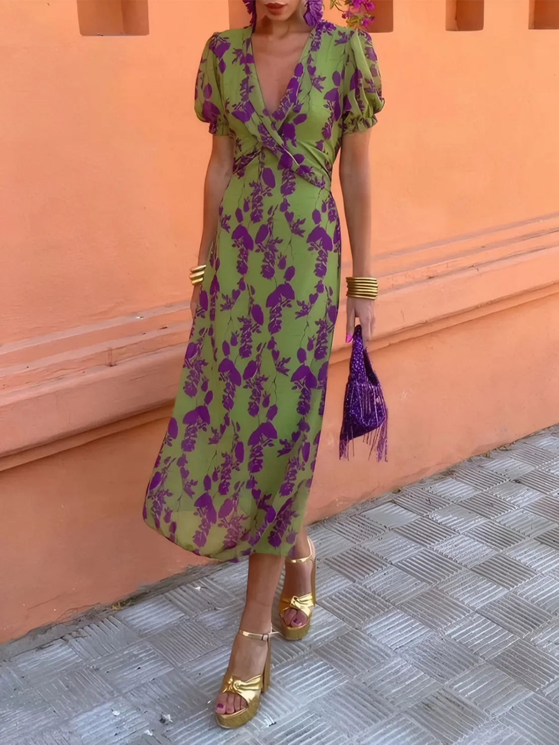 Printed Plunge Short Sleeve Midi Dress - LoveNest Treasures
