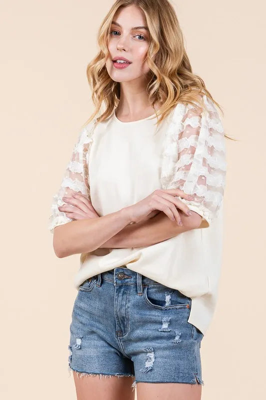 Lime 'N' Chili Full Size Lace Puff Sleeve Round Neck Top Plus Size - LoveNest Treasures