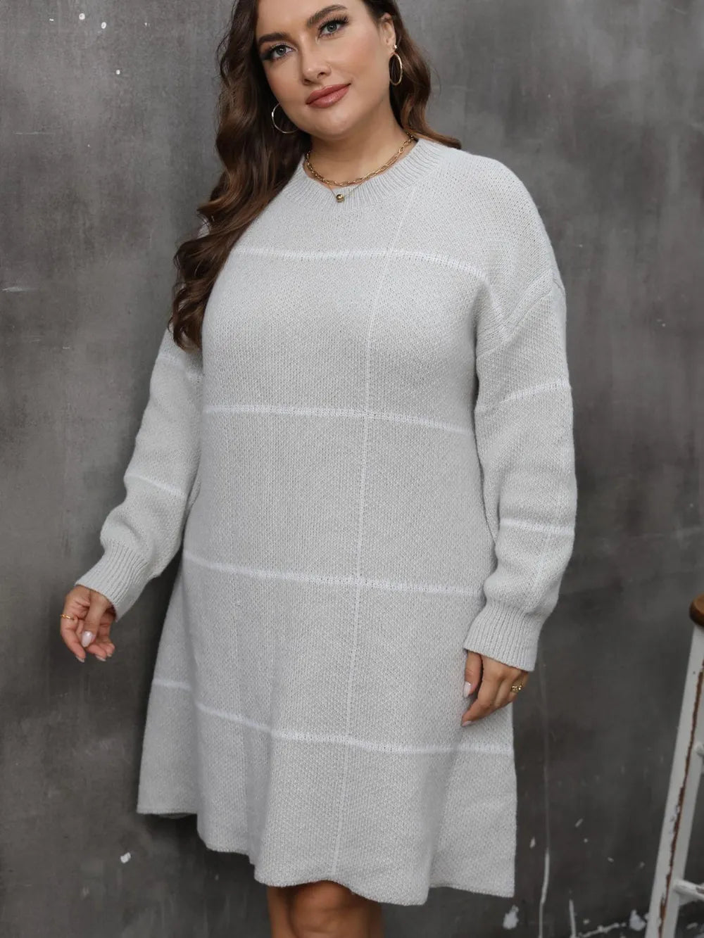 Plus Size Round Neck Long Sleeve Sweater Dress - LoveNest Treasures