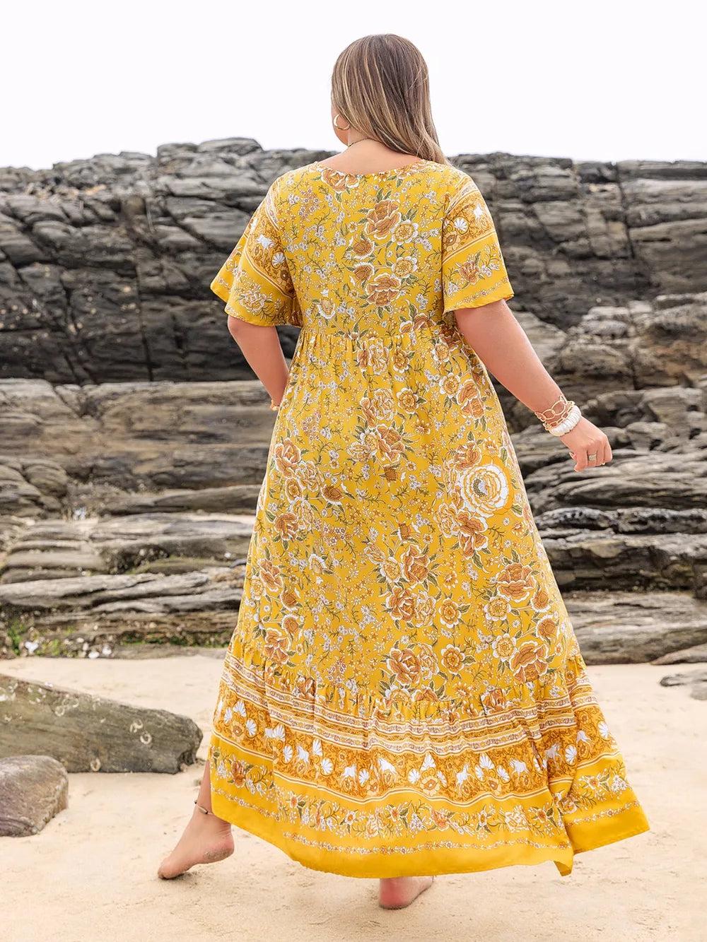 Plus Size Floral Tie Neck Flutter Sleeve Maxi Dress - LoveNest Treasures
