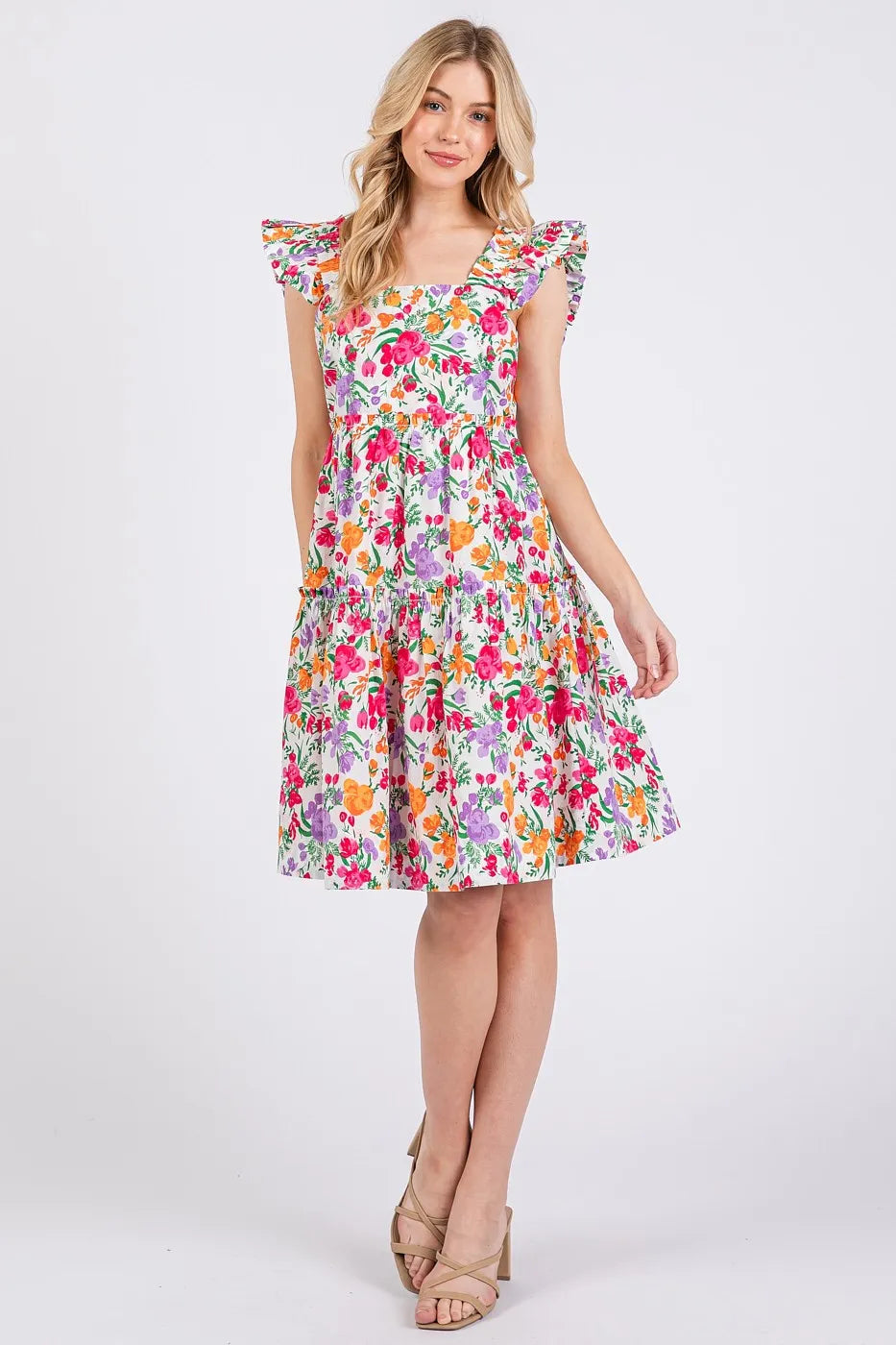 Mittoshop Flower Print Ruffle Shoulder A-line Mini Dress - LoveNest Treasures