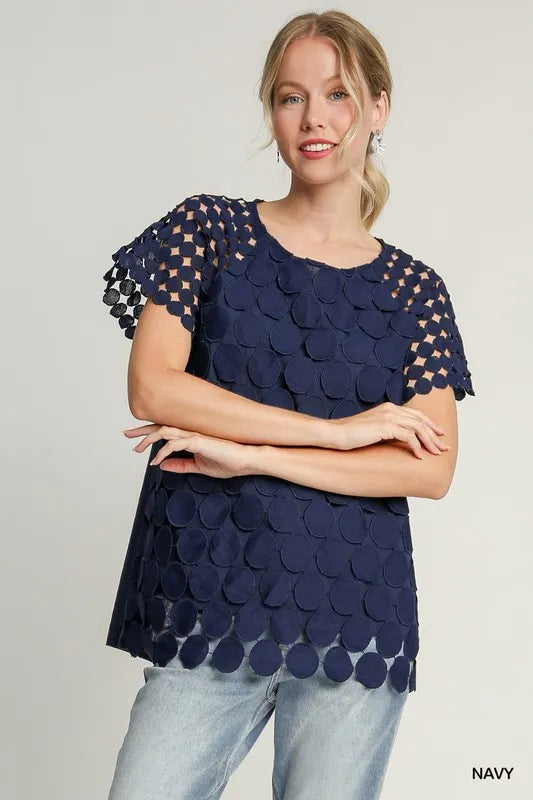 Umgee Full Size Mixed Polka Dot Lace Raglan Sleeve Boxy Cut Top Plus Size - LoveNest Treasures