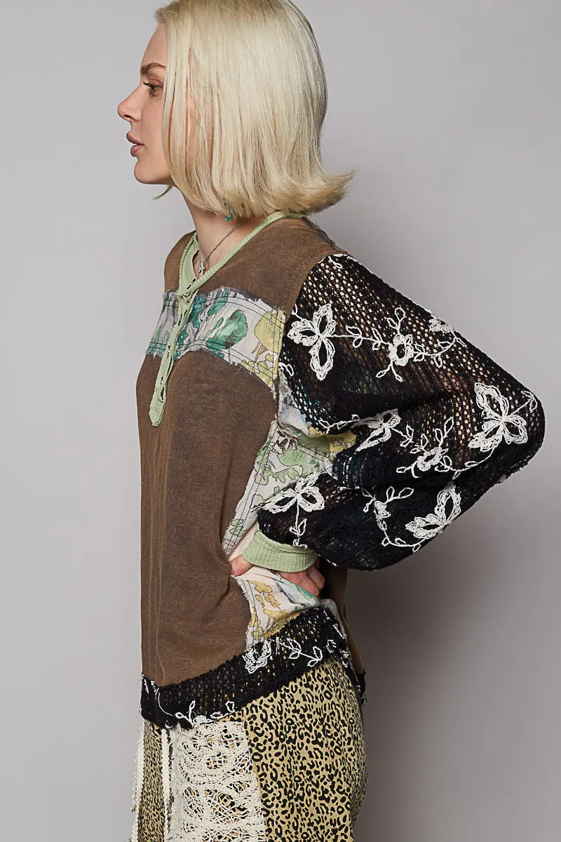 POL Button Detail Floral Patchwork Crochet Sleeve Blouse - LoveNest Treasures