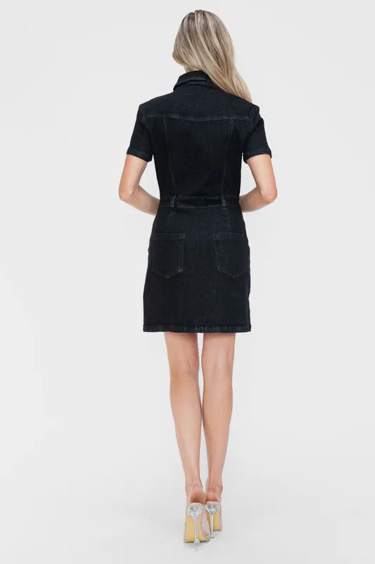 Full Size Embellished Button Down Short Sleeve Denim Dress - LoveNest Treasures
