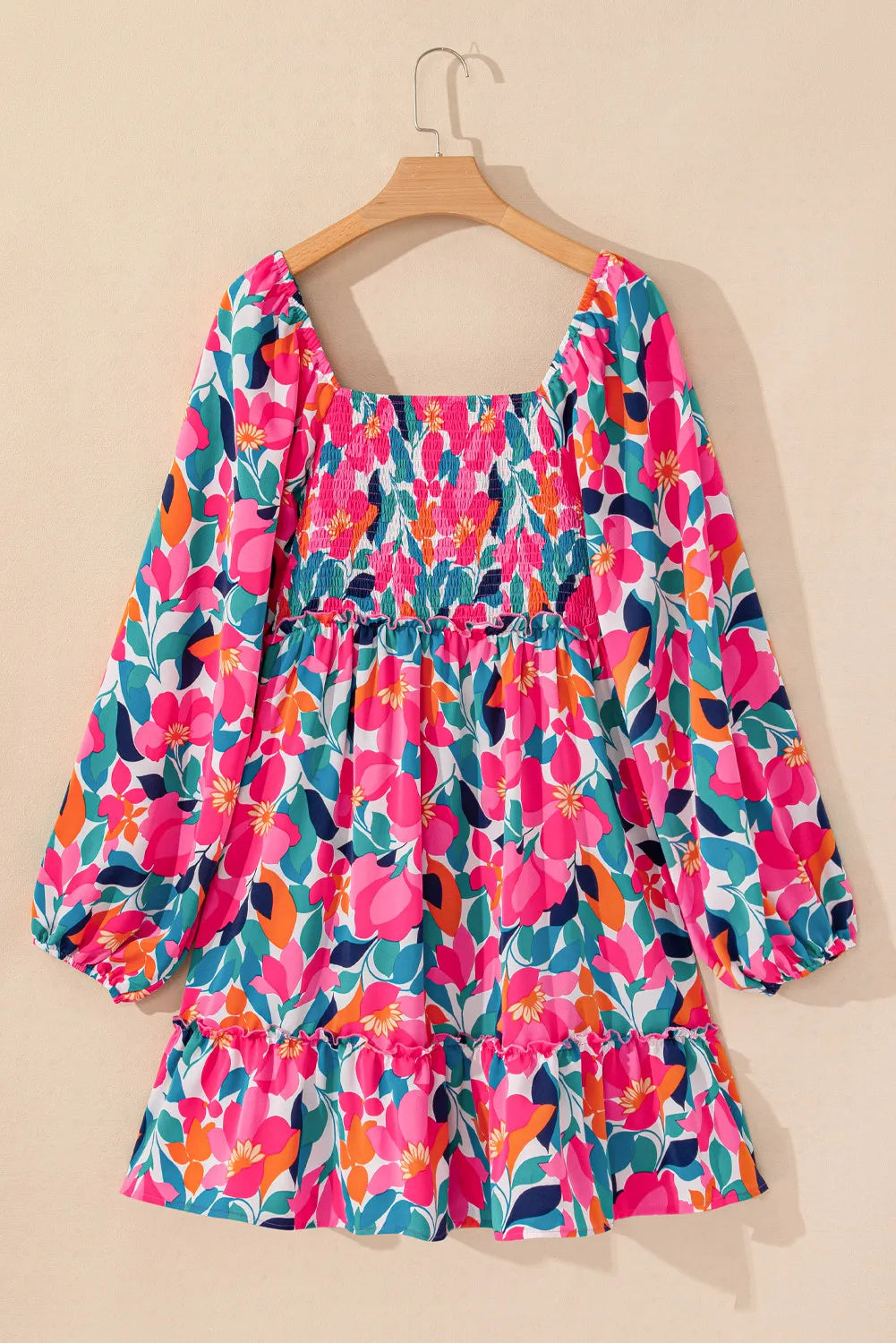 Plus Size Smocked Floral Square Neck Balloon Sleeve Dress - LoveNest Treasures