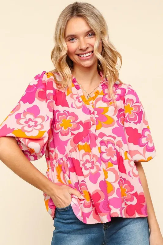 Haptics Full Size Frill Floral Puff Sleeve Blouse - LoveNest Treasures
