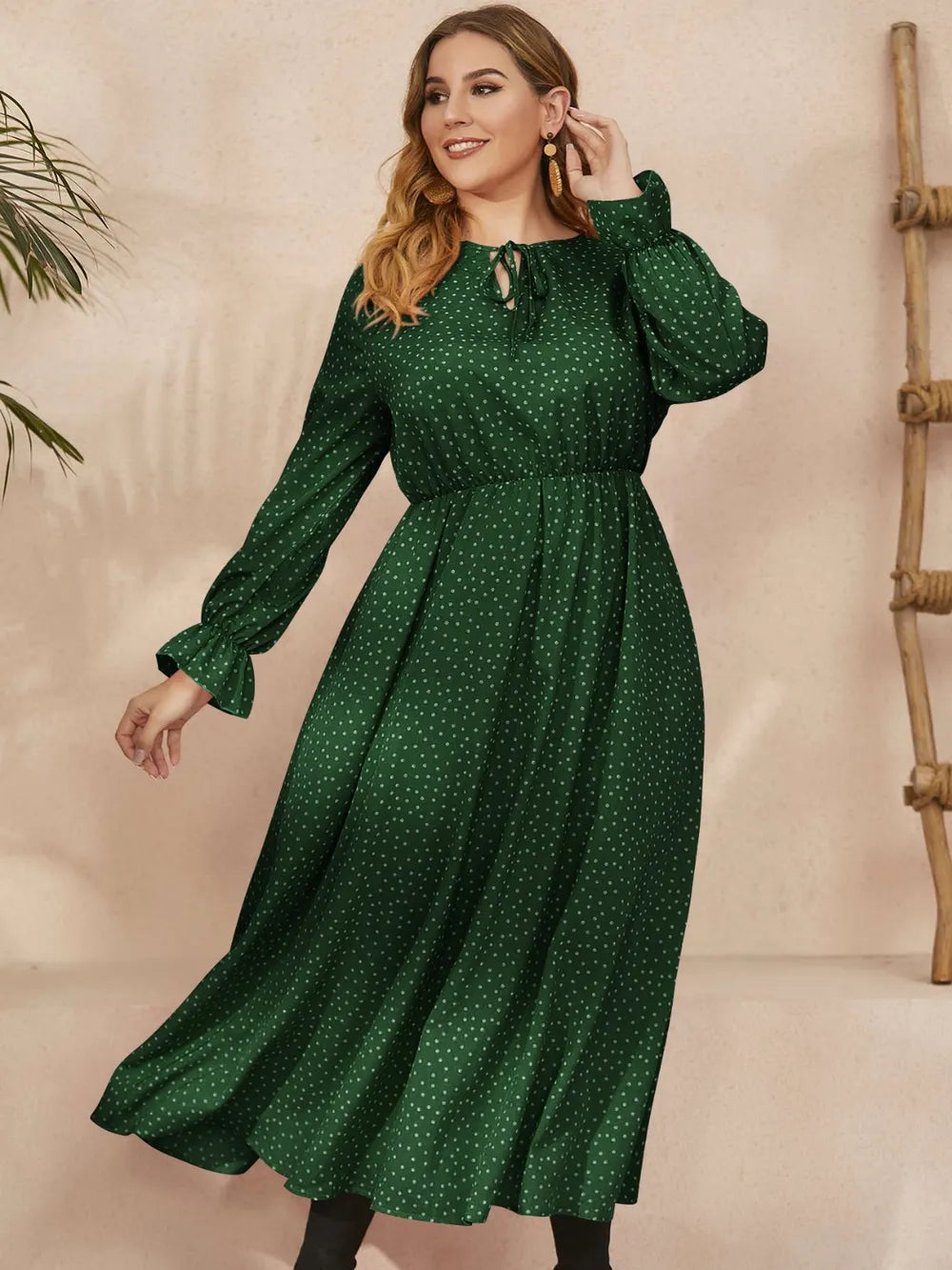 Honey Plus Size Ruffled Polka Dot Long Sleeve Midi Dress - LoveNest Treasures