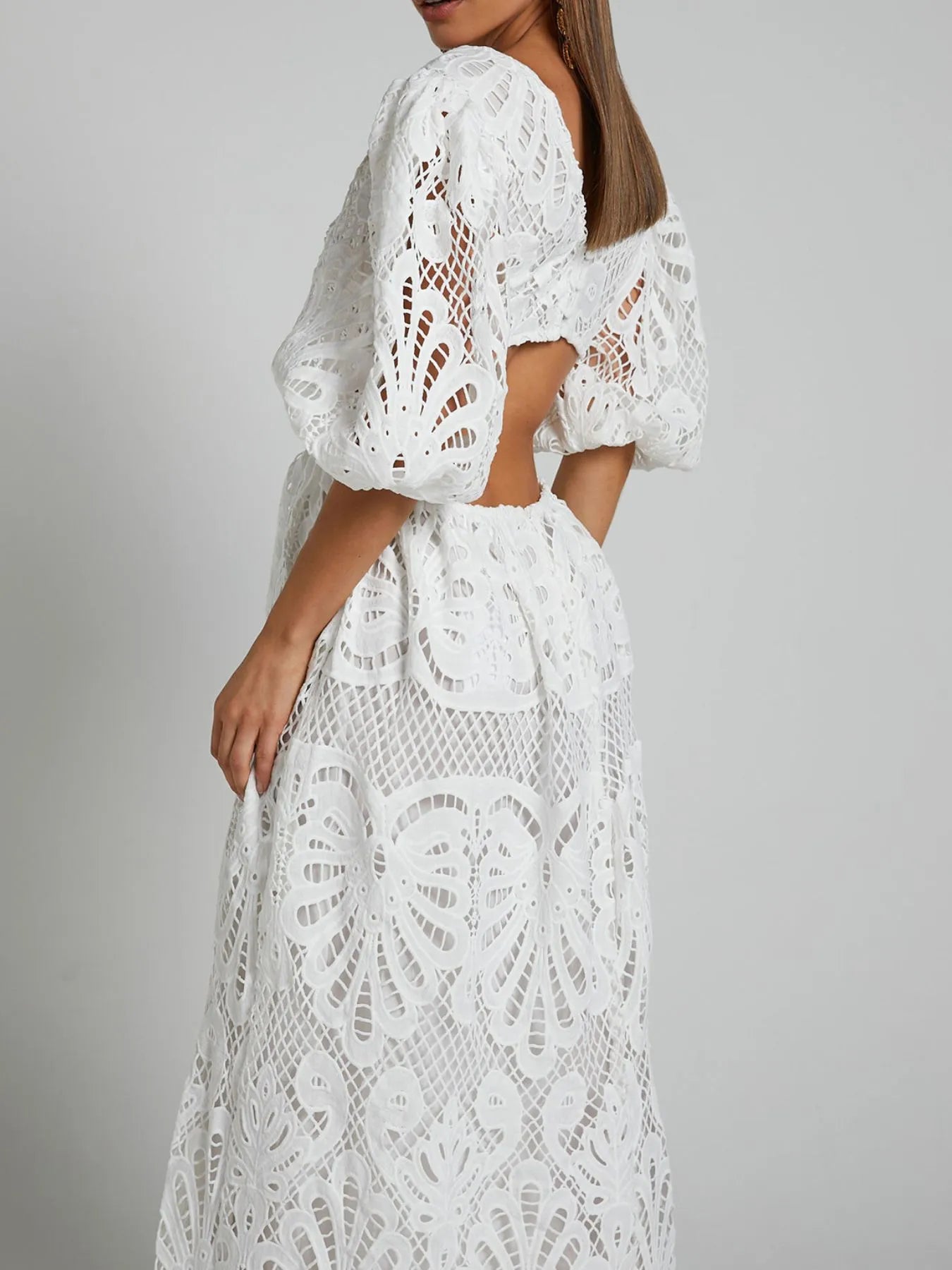 Cutout Back Lace Crochet V-Neck Dress - LoveNest Treasures