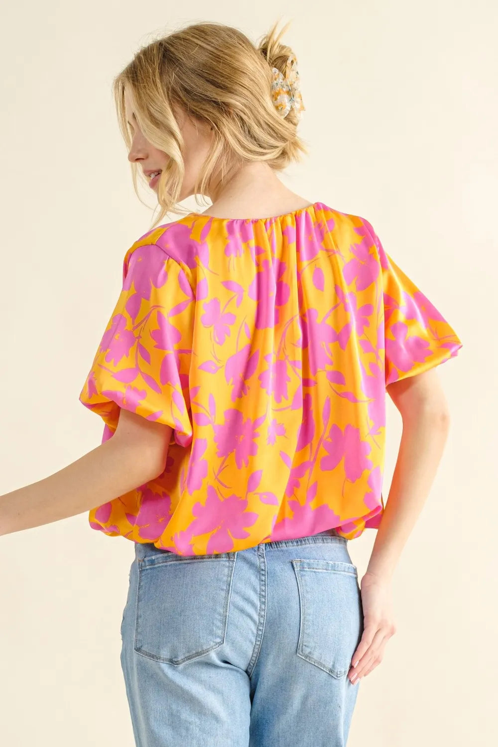 And The Why Full Size Printed Satin Bubble Hem Top - LoveNest Treasures