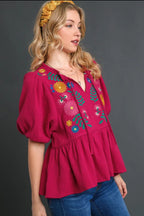 Umgee Full Size Cotton Gauze Floral Embroidery Babydoll Blouse Plus Size - LoveNest Treasures