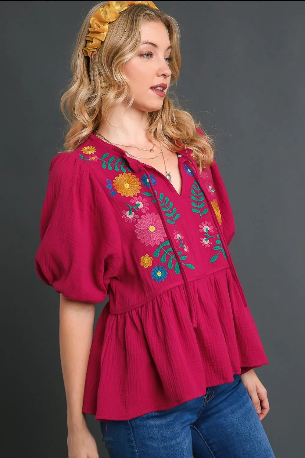 Umgee Full Size Cotton Gauze Floral Embroidery Babydoll Blouse Plus Size - LoveNest Treasures