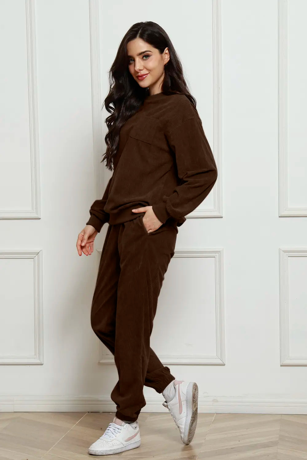 Corduroy Round Neck Sweatshirt and Sweatpants Set - LoveNest Treasures