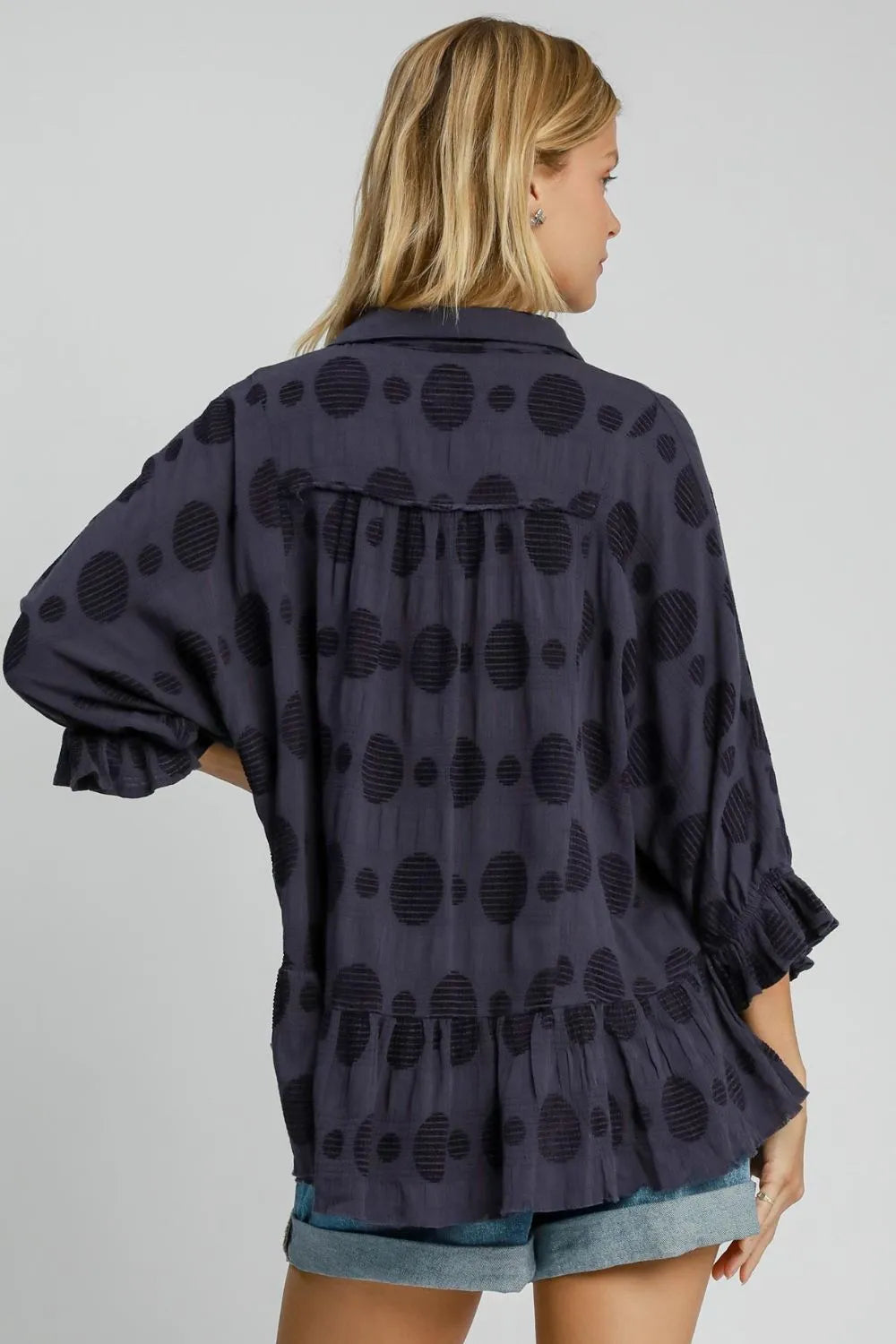 Umgee Full Size Swiss Dot Half Button Flounce Sleeve Blouse Plus Size - LoveNest Treasures