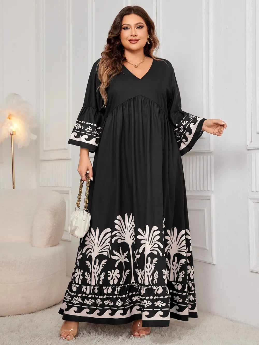 Honey Plus Size Printed V-Neck Long Sleeve Maxi Dress - LoveNest Treasures
