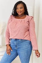 Double Take Square Neck Ruffle Shoulder Long Sleeve T-Shirt - LoveNest Treasures