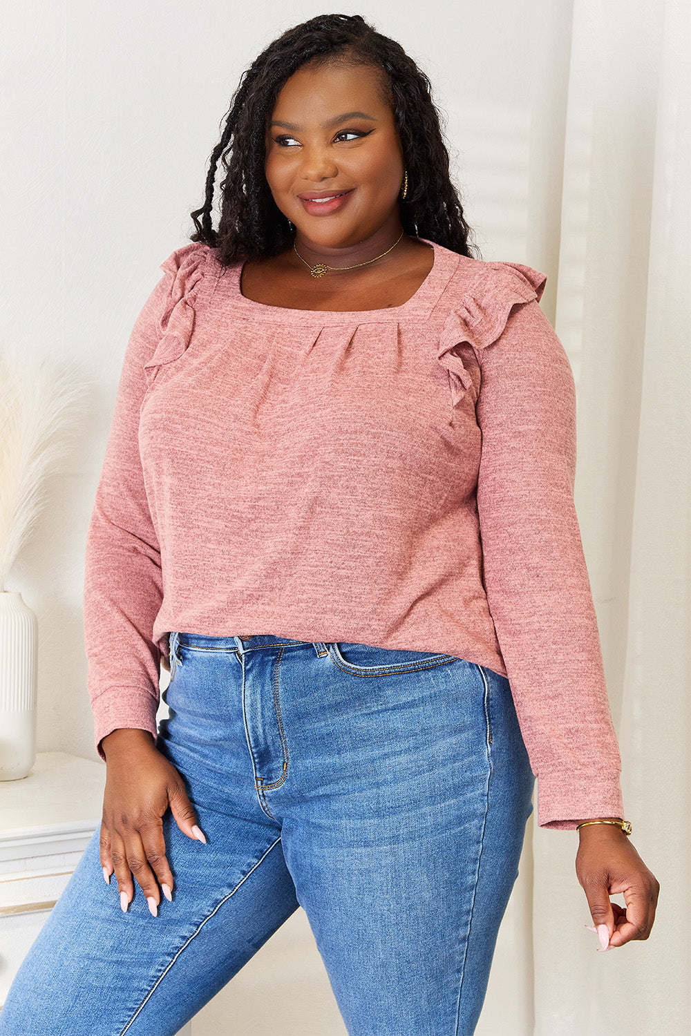 Double Take Square Neck Ruffle Shoulder Long Sleeve T-Shirt - LoveNest Treasures